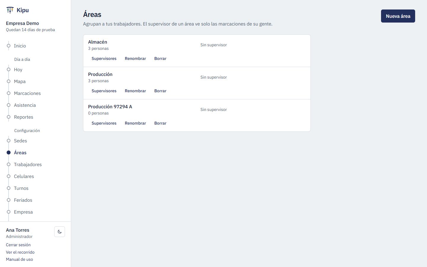 Lista de áreas con sus supervisores