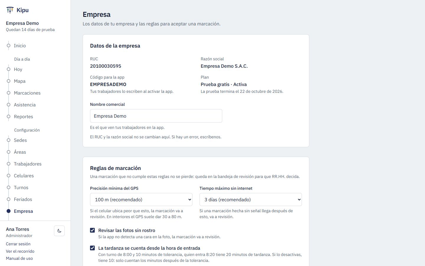 Datos de la empresa y reglas de marcación