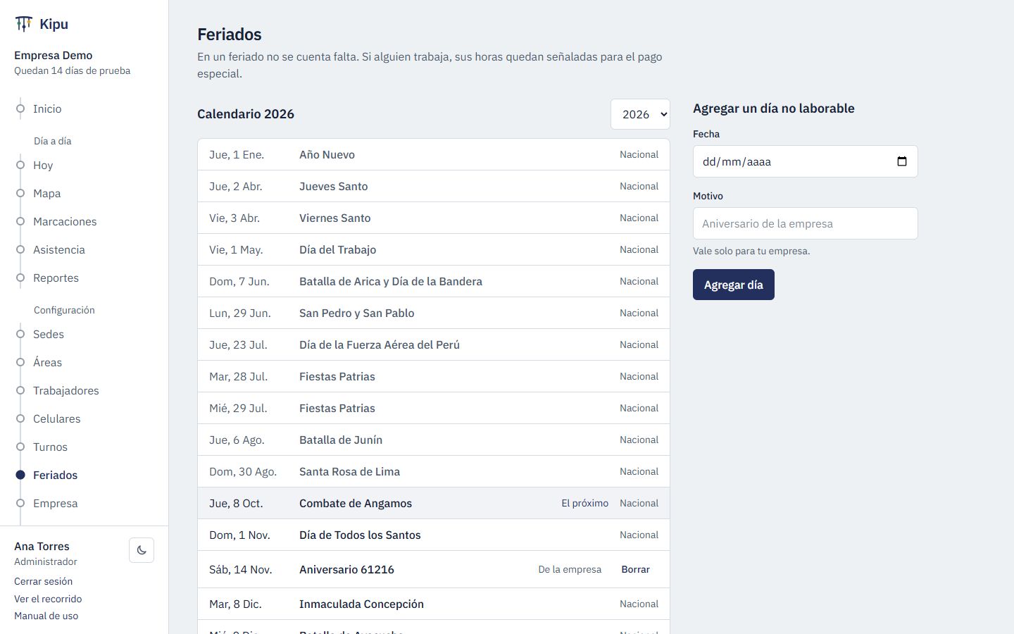 Lista de feriados y días no laborables