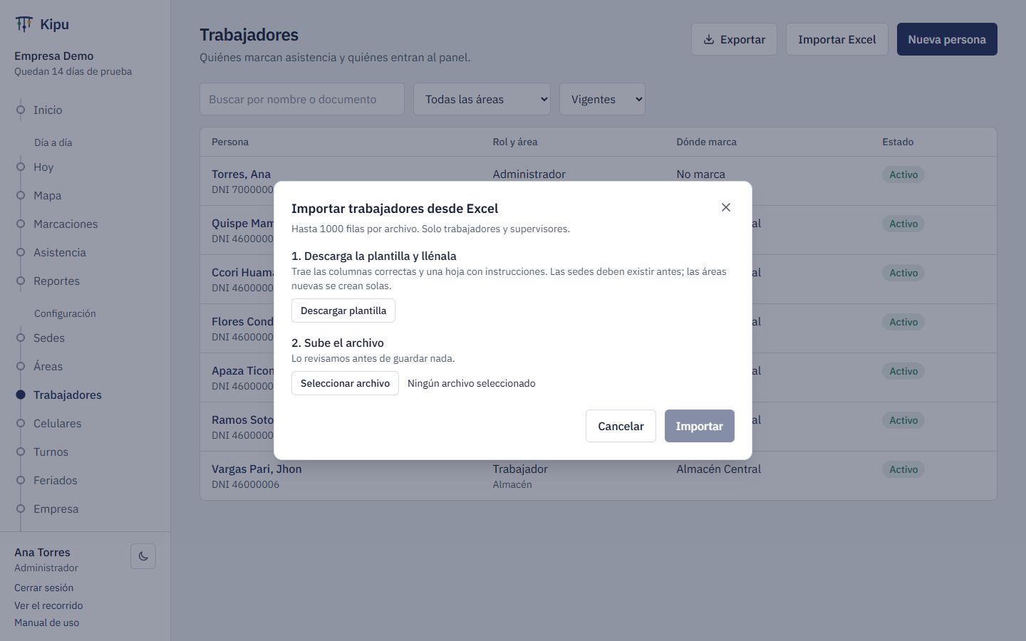 Ventana para importar trabajadores desde Excel