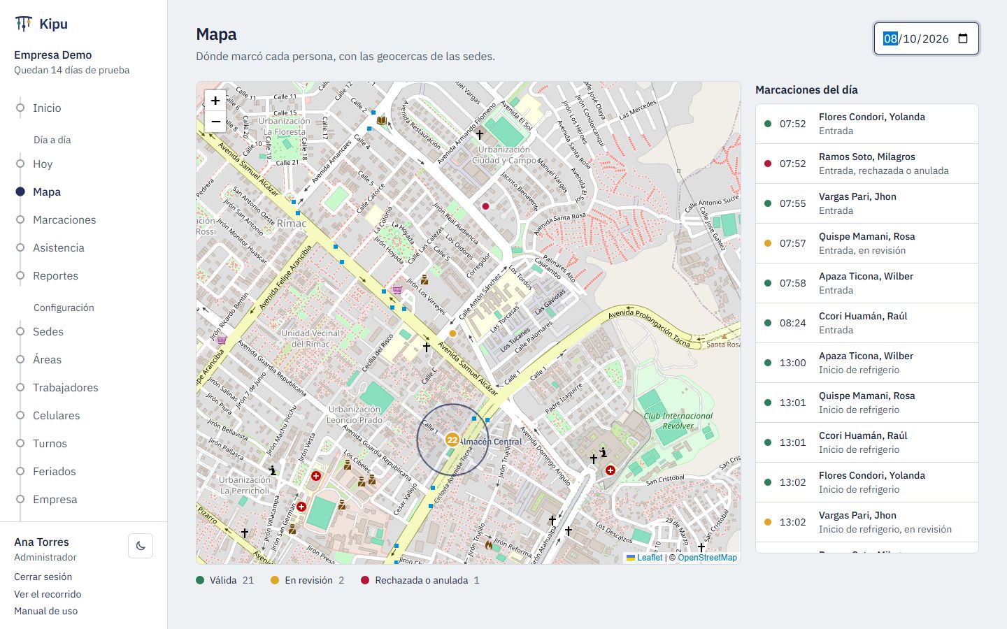 Mapa de las marcaciones del día con la geocerca de la sede