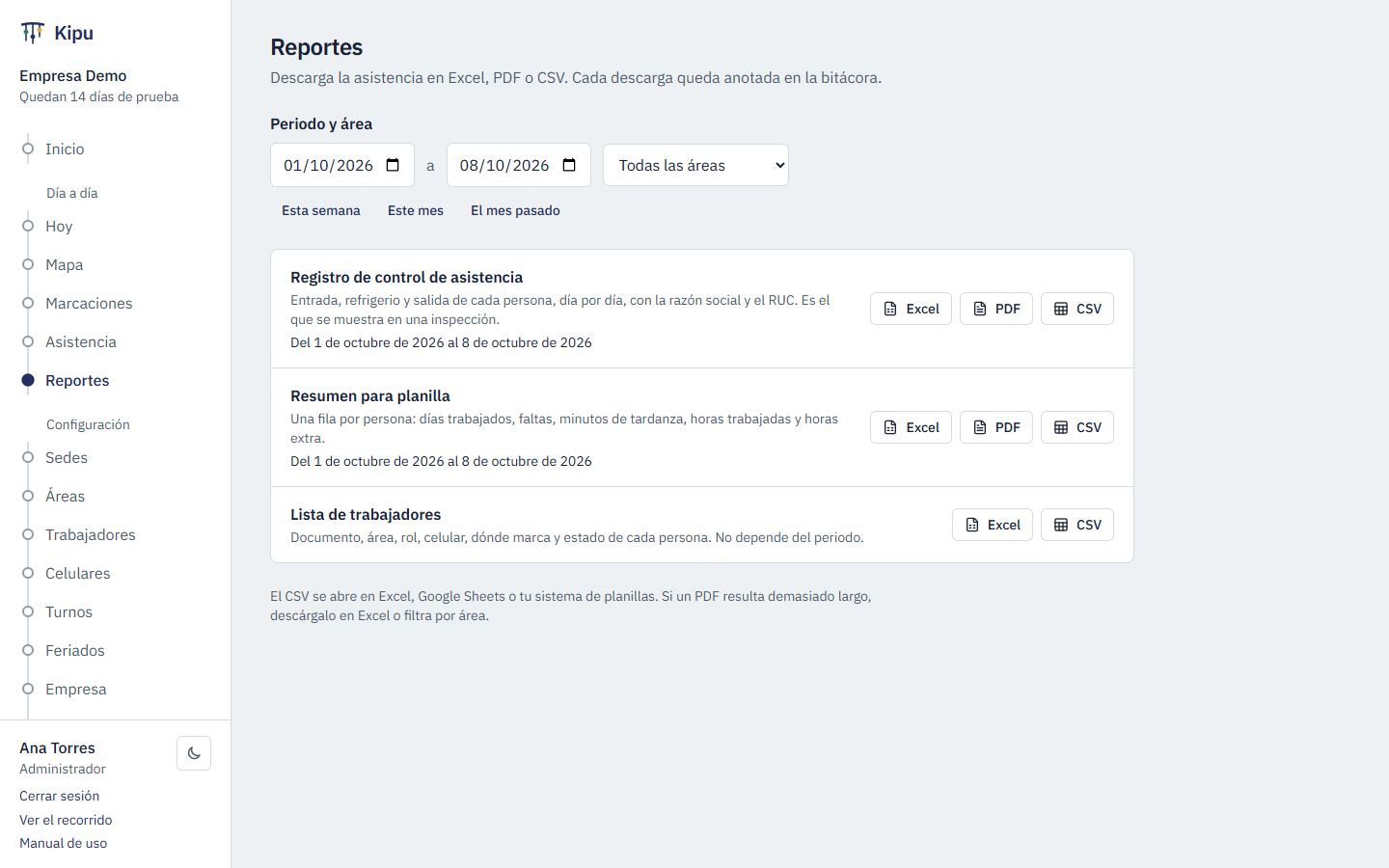 Página de reportes con sus botones de descarga