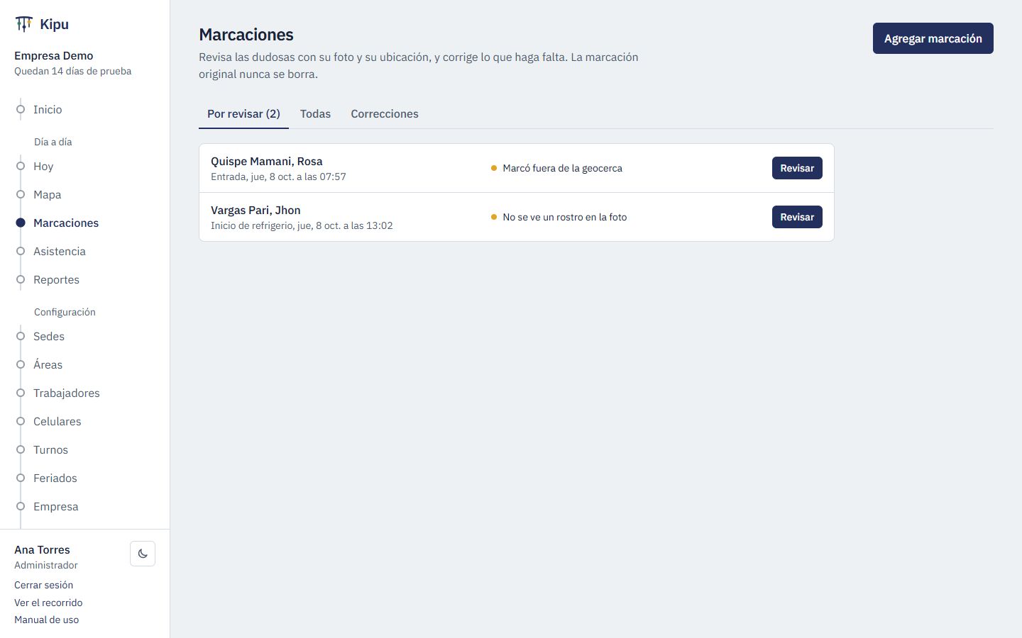 Bandeja de marcaciones por revisar
